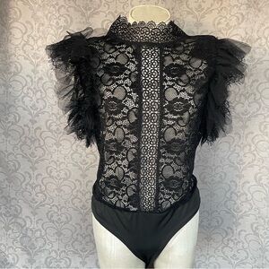 Fashion Nova Black Sheer Lace Bodysuit with Ruffles Sz XL